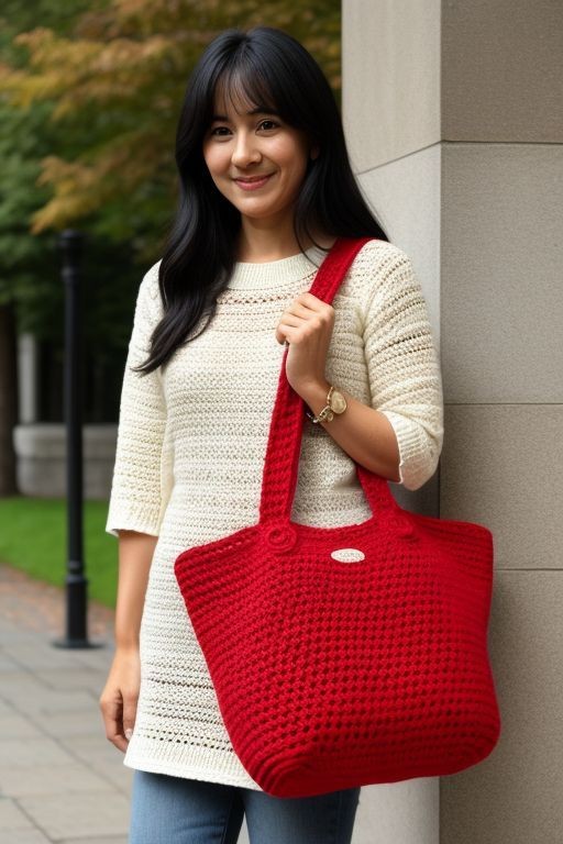 Woman in a white knit sweater holding a large red crochet bag, standing outdoors by a wall.