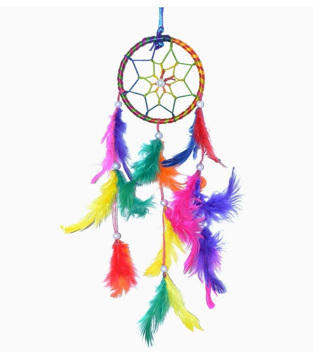 Colorful dreamcatcher with a woven circular web and multiple feathers in vibrant colors hanging down.