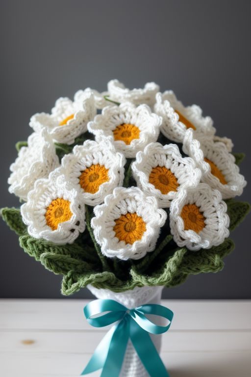 Bouquet of knitted white flowers with yellow centers in a vase, tied with a blue ribbon.