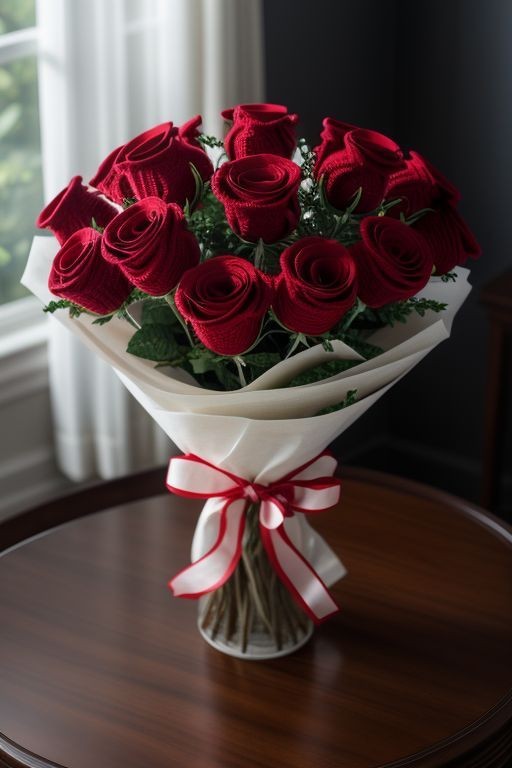 Bouquet of red knitted roses wrapped in white paper with a red ribbon on a wooden table.