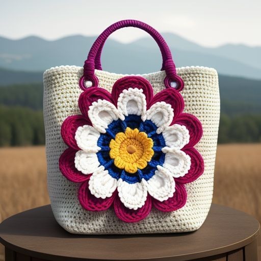 Handmade crochet bag with colorful flower design on table, nature background with mountains and fields.