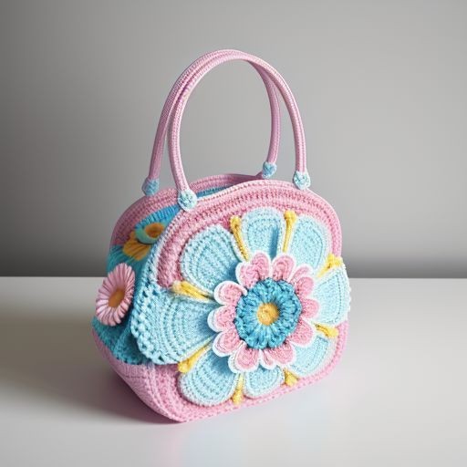 Handmade crochet handbag in pastel colors with intricate floral designs, featuring large pink and blue flowers.