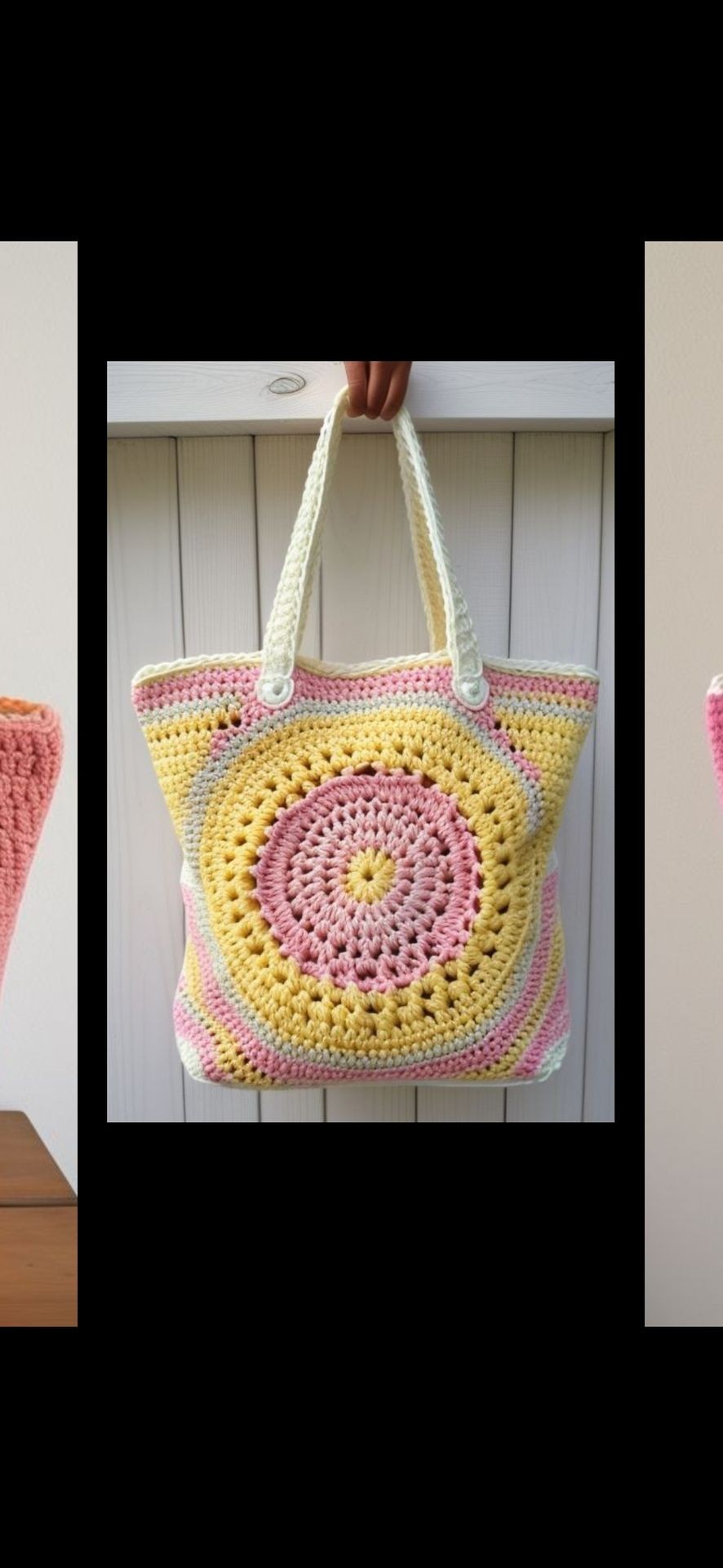 Hand holding a colorful crochet tote bag with circular patterns in pink, yellow, and cream.