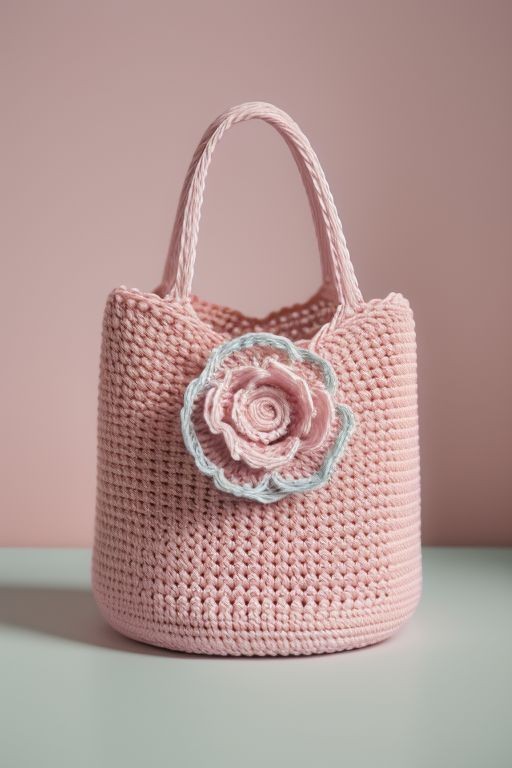 Pink crochet handbag with a large decorative flower on the front, set against a light pink background.