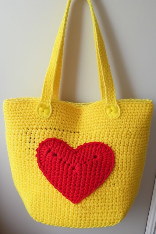 Handmade yellow crochet tote bag with a large red heart design in the center.