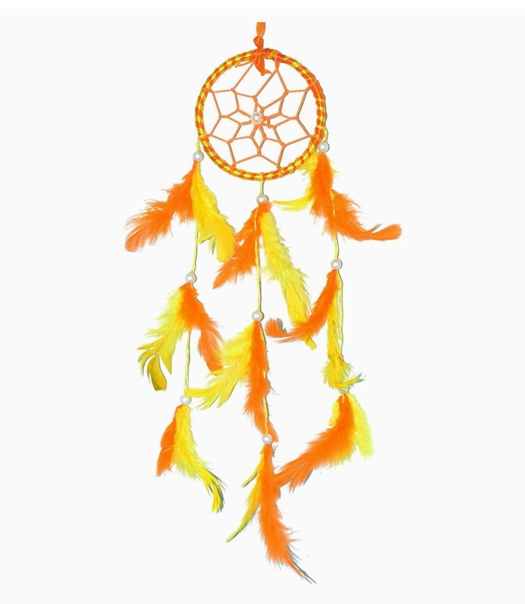 Orange dreamcatcher with yellow and orange feathers hanging from beads on a white background.