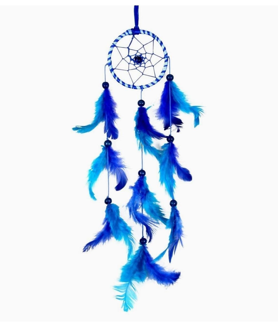 Blue dreamcatcher with feathers hanging down, featuring a web-like pattern in the center.