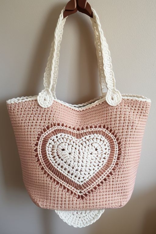 Pink crocheted tote bag with white heart design hanging on a wall.