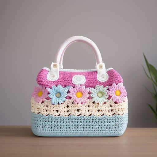 Colorful crocheted handbag with floral decorations on a wooden surface against a plain background.